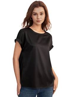 LilySilk Frauen Seidenshirt Tunika Damen Kurze Ärmel Rundhals Seide Tee Damenbluse(Schwarz,M) von LilySilk