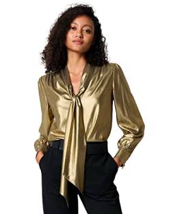 LilySilk LILYSHEENA® Elegante Fliege Bronze Seidenbluse 18 Momme Vintage Fliege Old Fashioned Seidenhemd Lange Ärmel Hellen Glanz Seide Top Hemden M, LILYSHEENA® Goud von LilySilk