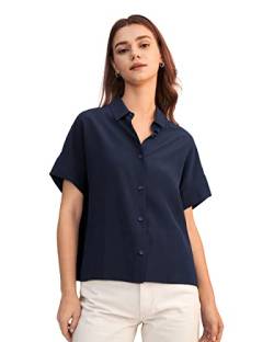 LilySilk Lässiges Lockeres Seiden T-Shirt mit kurzen Ärmeln Damen Seiden Blusen Tops Shirt Seidenhemd Kurzarm Hemdbluse Einfarbige Tops Frauen L, Dunkel Blau von LilySilk