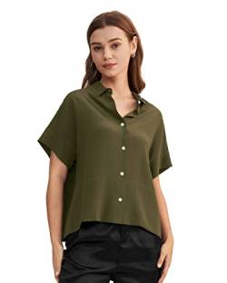 LilySilk Lässiges Lockeres Seiden T-Shirt mit kurzen Ärmeln Damen Seiden Blusen Tops Shirt Seidenhemd Kurzarm Hemdbluse Einfarbige Tops Frauen XXL, Olivgrün von LilySilk