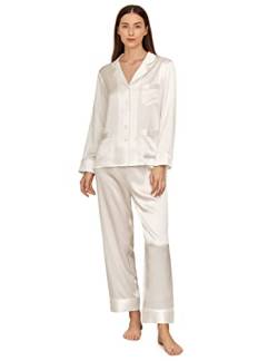 LilySilk Schick Seide Schlafanzug Hausanzug Seide Pyjama Set Nachtwäsche Damen Lang mit Weißem Besatz 22 Momme Verpackung MEHRWEG(Natürliches Weiß,L) von LilySilk