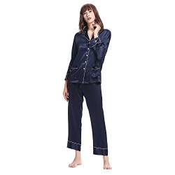 LilySilk Schick Seide Schlafanzug Seide Pyjama Set Damen Lang mit Besatz 22 Momme Dunkel Blau S Verpackung MEHRWEG von LilySilk