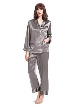 LilySilk Schick Seide Schlafanzug Seide Pyjama Set Damen Lang mit Besatz 22 Momme Dunkel Grau XS Verpackung MEHRWEG von LilySilk