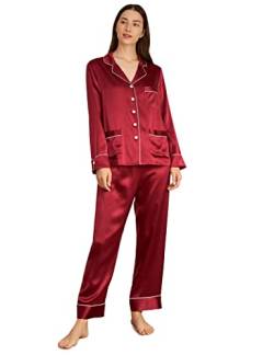 LilySilk Schick Seide Schlafanzug Seide Pyjama Set Damen Lang mit Besatz 22 Momme Weinrot L Verpackung MEHRWEG von LilySilk