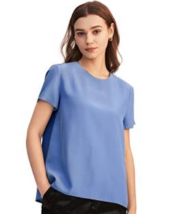 LilySilk Seide Damen Hemdbluse Kurzarm Bluse Hemd Tunika 22 Momme Verpackung MEHRWEG (M, Französisch Blau) von LilySilk