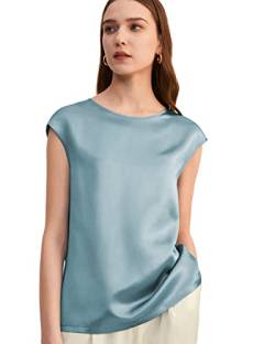 LilySilk Seide Tunika T-Shirt Seidenhemd Bluse Damen Kurzarm Rundkragen Verpackung MEHRWEG (L, Neblig Blau) von LilySilk