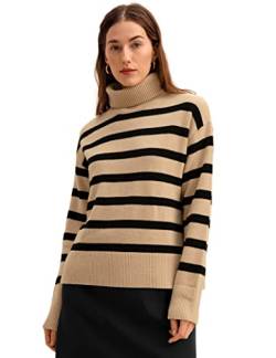 LilySilk Sweatshirt Strickpullover Pulli für Frauen 100% Merinowolle mit Streifen Rollkragen Pullover Sweatshirt für Herbst Winter(Schwarz-Toffee-Streifen,M) von LilySilk