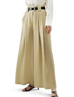 LilySilk Ultra-Glanz Seidenhose mit weitem Bein für Frauen Hoch taillierte Hose mit Reißverschluss und geradem Schnitt sowie seitlichen Taschen(Beige,36) von LilySilk