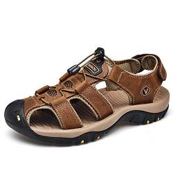 Lilychan Herren Walking Outdoor Sommersandalen Leder Atmungsaktive rutschfeste Wandersandalen Schutzkappe Geschlossene Zehen Fisherman Beach Schuhe (45 EU, Braun) von Lilychan