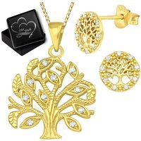 Limana Schmuckset Damen Lebensbaum echt 925 Sterling Silber Gold Baum des Lebens, Zirkonia Frauen Geschenk Set Ohrringe Ohrstecker mit Hals-Kette von Limana