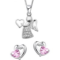 Limana Schmuckset echt 925 Sterling Silber Schutz-Engel Herz Hals-Kette mit Ohrringe, Engelkette Ohrstecker Kinder Mädchen rosa von Limana