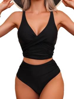 Limeeke Damen-Bikini-Sets mit hoher Taille, V-Ausschnitt, Twist-Front-Badeanzug, zweiteilige Badeanzüge, Schwarz, Large von Limeeke