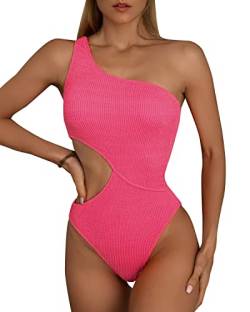 Limeeke Damen Cutout Einteiler Badeanzug One Shoulder Bademode Gerippte Monokini Badeanzüge, 01 - Hot Pink, Medium von Limeeke