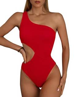 Limeeke Damen Cutout Einteiler Badeanzug One Shoulder Bademode Gerippte Monokini Badeanzüge, 01- Rot, Large von Limeeke