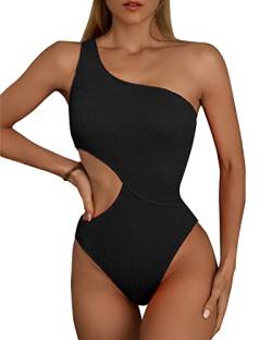 Limeeke Damen Cutout Einteiler Badeanzug One Shoulder Bademode Gerippte Monokini Badeanzüge, 01- Schwarz, Medium von Limeeke