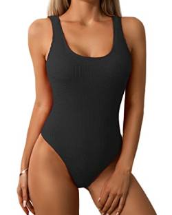 Limeeke Frauen Einteiliger Badeanzug Solide Gerippte Monokini Bademode U-Ausschnitt Niedriger Rücken Badeanzug, Schwarz, XX-Large von Limeeke