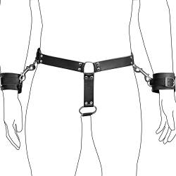 Limmion Männer Leder Sexy Keuschheitsgürtel mit Handschellen und Metall Penisring Sexy Strings Herren Einstellbar Bondage SM Fetisch Jockstrap Höschen Damen Herren Schwarz SM Bondage Sexspielzeug von Limmion