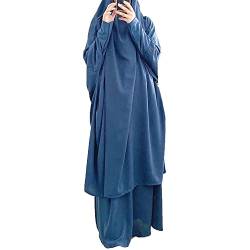 LinKeTop Muslimisches Damenkleid, zweiteiliges Gebets-Maxikleid, Hijab, islamische Abaya, Einheitsgröße, blau, One size von LinKeTop