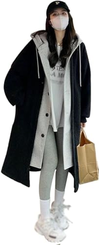 2-Layered Faux Lambswool Hooded Coat Jacket, Winter Women'S Fashion Thickened Warm Long Windbreaker (L, Black) von LinZong