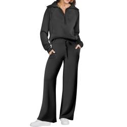 2 Piece Loungewear,Women's 2 Piece Outfits,Oversized Half Zip Pullover Sweatshirts And Wide Leg Pants Tracksuit Sets (DE/NL/SE/PL, Alphanumerisch, L, Regular, Regular, Black) von LinZong
