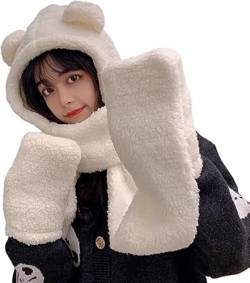Bear Ear Beanie Hat Scarf, Women Kawaii Bear Ear Beanie Scarf, Winter Outdoor Warm Windproof Thicken Fleece Fuzzy Fluffy Knit Hooded Plush Cap Scarf (One Size, White) von LinZong