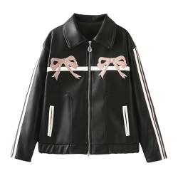 Bow Leather Jacket, Women's Vintage Black Biker Jacket, Zip Up Trendy Bomber Motorcycle Jacket with Pockets Faux Leather Coat (DE/NL/SE/PL, Alphanumerisch, S, Regular, Regular, Black) von LinZong