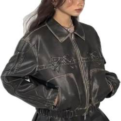 Bow Leather Jacket,Vintage Black Biker Jacket,Women Zipper Polo-Neck Sweet Cool Vintage Leather Jacket&Coats (DE/NL/SE/PL, Alphanumerisch, M, Regular, Regular, Black) von LinZong