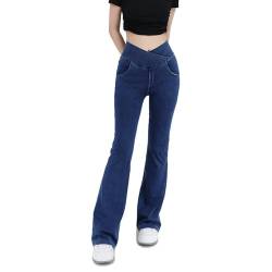 High Waisted Crossover Stretch Knit Wide Leg Denim Flare Jegging,Fashion Slim Blue Denim Pencil Pants with Pockets (L, Dark Blue) von LinZong