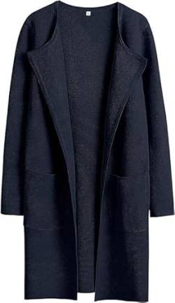Lapel Classy Coatigan, Women's Open Front Knit Cardigan Long Sleeve Lapel Casual Solid Sweater Jacket Coats with Pockets. (L, Navy) von LinZong