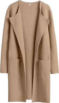 Lapel Classy Coatigan, Women's Open Front Knit Cardigan Long Sleeve Lapel Casual Solid Sweater Jacket Coats with Pockets. (XL, Khaki) von LinZong