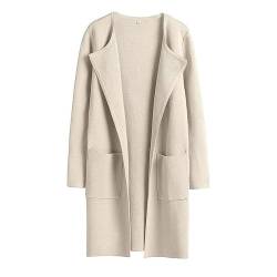 Lapel Classy Coatigan,Women's Long Sleeve Open Front Knit Coats,Solid Classy Sweater Jacket with Pockets (M, Beige) von LinZong