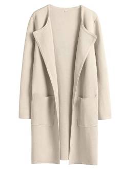 Lapel Classy Coatigan with Pockets, Long Dressy Cardigan Sweaters Winter Knit Casual Solid Jacket Coats (DE/NL/SE/PL, Alphanumerisch, S, Regular, Regular, Beige) von LinZong