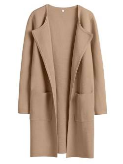 Lapel Classy Coatigan with Pockets, Long Dressy Cardigan Sweaters Winter Knit Casual Solid Jacket Coats (DE/NL/SE/PL, Alphanumerisch, XL, Regular, Regular, Khaki) von LinZong