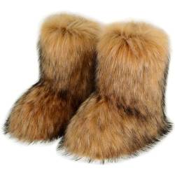 LinZong Furry Fluffy Snow Boots Plush,Faux Fur Boots Mid-Calf Boots for Women,Winter Colorful Fashion Furry Booties lining soft (44, brown) von LinZong
