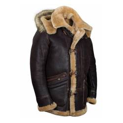 LinZong Jacket Pilot from Sheepskin,Men's Shearling Detachable Hooded Jacket Coat,Men's Winter Coat Outerwear Long (DE/NL/SE/PL, Alphanumerisch, S, Regular, Regular, Brown) von LinZong
