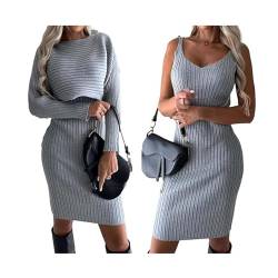 LinZong Knit Pullover Sweater and Cami Dress 2 Piece Sets,Women's Long Sleeve Crop Tops and Tank Sling Dress Outfits (Grey, M) von LinZong