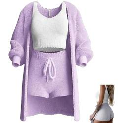 LinZong Misscosy Knit Set 3-Piece, Women's Sexy Warm Fleece Outfits Pajamas, Open Front Hooded Cardigan Top Short.Misscosy 3 Piece (2XL, Purple) von LinZong