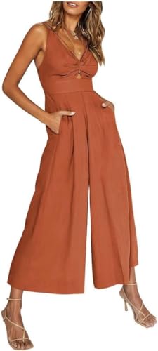 LinZong V Neck Cutout Wide Leg Jumpsuits, Women's Tie Knot Front Sleeveless One-Piece Romper, Casual Summer Adjustable Strap Rompers (Brick Red, S) von LinZong