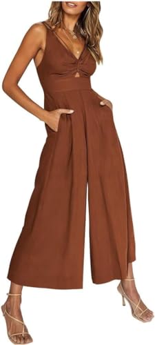 LinZong V Neck Cutout Wide Leg Jumpsuits, Women's Tie Knot Front Sleeveless One-Piece Romper, Casual Summer Adjustable Strap Rompers (Caramel, S) von LinZong