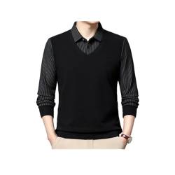 Men's Fake 2-Piece Knitted Shirt,Warm Anti-Wrinkle Two-Piece,Business Casual Fleece Thickening Dress Polo Shirts (DE/NL/SE/PL, Alphanumerisch, XL, Regular, Regular, Black) von LinZong