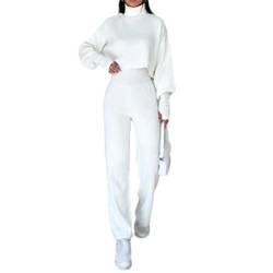 Turtleneck Glove Knit Suit,Women's 2 Piece Outfits Lounge Solid Long Sleeve High Neck Sweater and High Waist Pant Sweatsuit (White,M) von LinZong