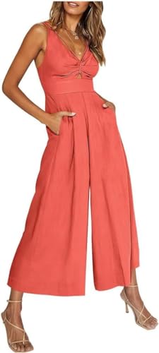V Neck Cutout Wide Leg Jumpsuits, Women's Tie Knot Front Sleeveless One-Piece Romper, Casual Summer Adjustable Strap Rompers (Pink, L) von LinZong