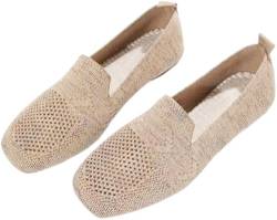 Women's Comfortable Arch Support Non-Slip Flat Shoes, Large Size Mesh Womens Lightweight Breathable Knit Square Toe Flats. (Beige, Jugendliche, Damen, 35.5, Numerisch, EU Schuhgrößensystem, M) von LinZong