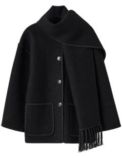 Womens Winter Wool Blend Coats Embroidered Scarf Jacket,Button Down Oversized Trench Coat with Scraf (Black -B, S) von LinZong