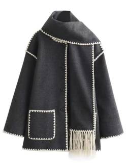 Womens Winter Wool Blend Coats Embroidered Scarf Jacket,Button Down Oversized Trench Coat with Scraf (Dark Gray, S) von LinZong