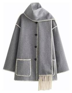 Womens Winter Wool Blend Coats Embroidered Scarf Jacket,Button Down Oversized Trench Coat with Scraf (Light Grey, S) von LinZong