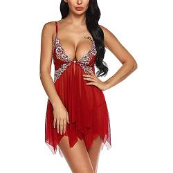 Linarun Damen Sexy Negligee Unregelmäßiger Hem Nachtwäsche Lingerie Vorne Offen Spitze Dessous Set Kleid mit Panties Dunkelrot-S von Linarun