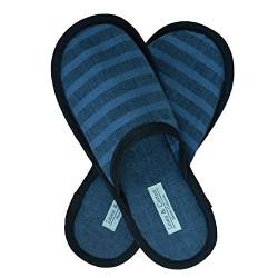 Linen & Cotton Herren Damen Erwachsene Gäste Weich, Leicht Hausschuhe/Pantoffeln/Gästehausschuhe/Slippers AKIRO, 100% Leinen - Eur 43-44 (Schwarz/Denim Blau) von Linen & Cotton