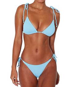 Damen Bikini sexy figurformend Push up Shaping Gerippt Schnürung Bademode Strandmode Hellblau Blau L von Lingery