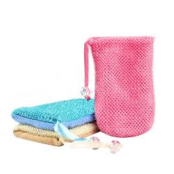 Linkidea 3 Stück Netz-Seifenschrubber-Tasche, Seifenschoner-Tasche, Seifenbeutel für Dusche, Netz-Seifenspenderbeutel mit Kordelzug für Dusche Badezimmer (Rosa, Blau, Gelb) von Linkidea